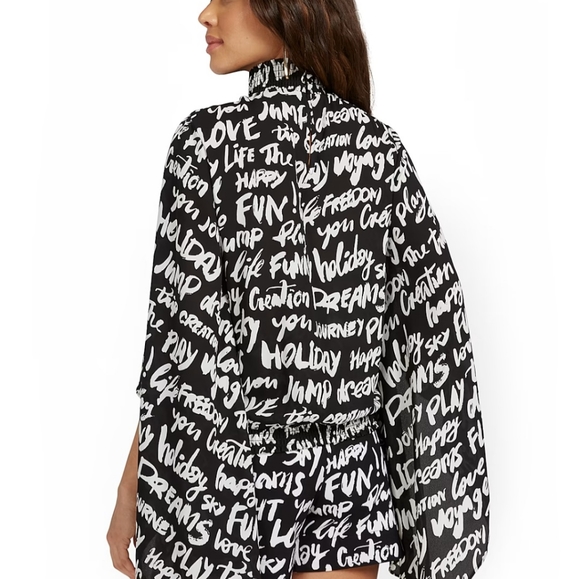NY & Co. Black & White Bat Wing Script Blouse - Picture 2 of 4